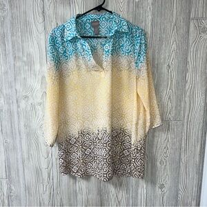 Chico's Mixed Color Chiffon Tunic Blouse Split Neck Size medium